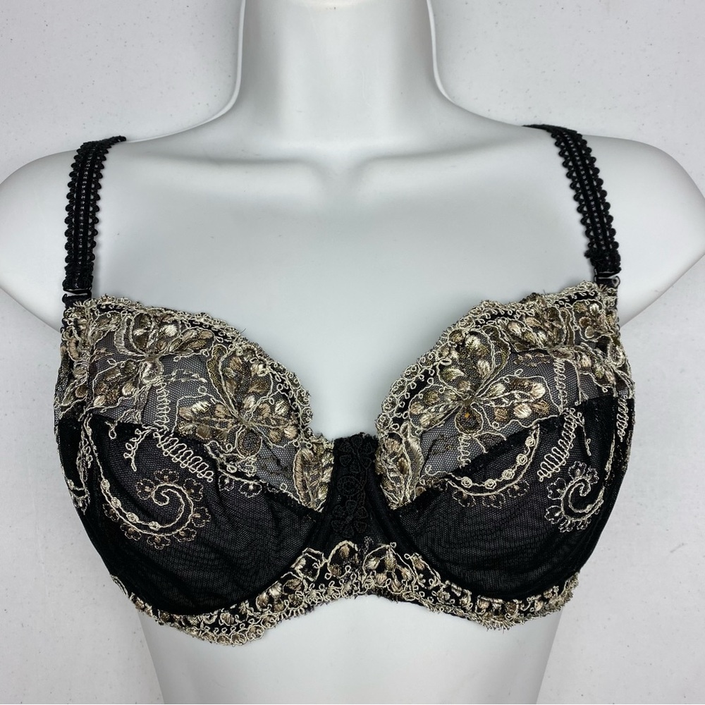 Eva bien BLK/GLD Unlined Embroidered Bra, 32DD. *P1032